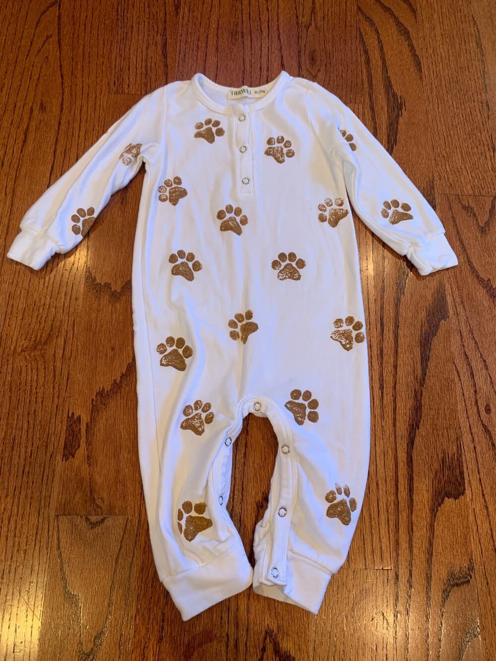 Fairwell Dog Paw Print Onesie Pajamas MSRP $68 Made in USA | White | 18-24 mnths